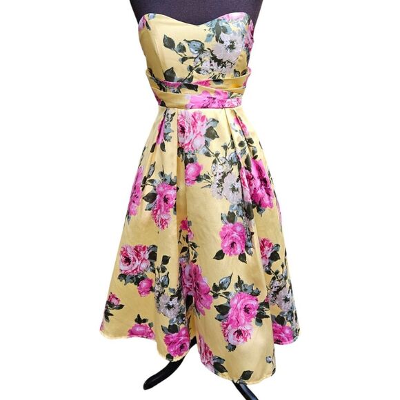 Yelloe Rose Floral Strapless Prom Dress Juniors 3/4 Retro HOCO Romantic Corset - Picture 1 of 8